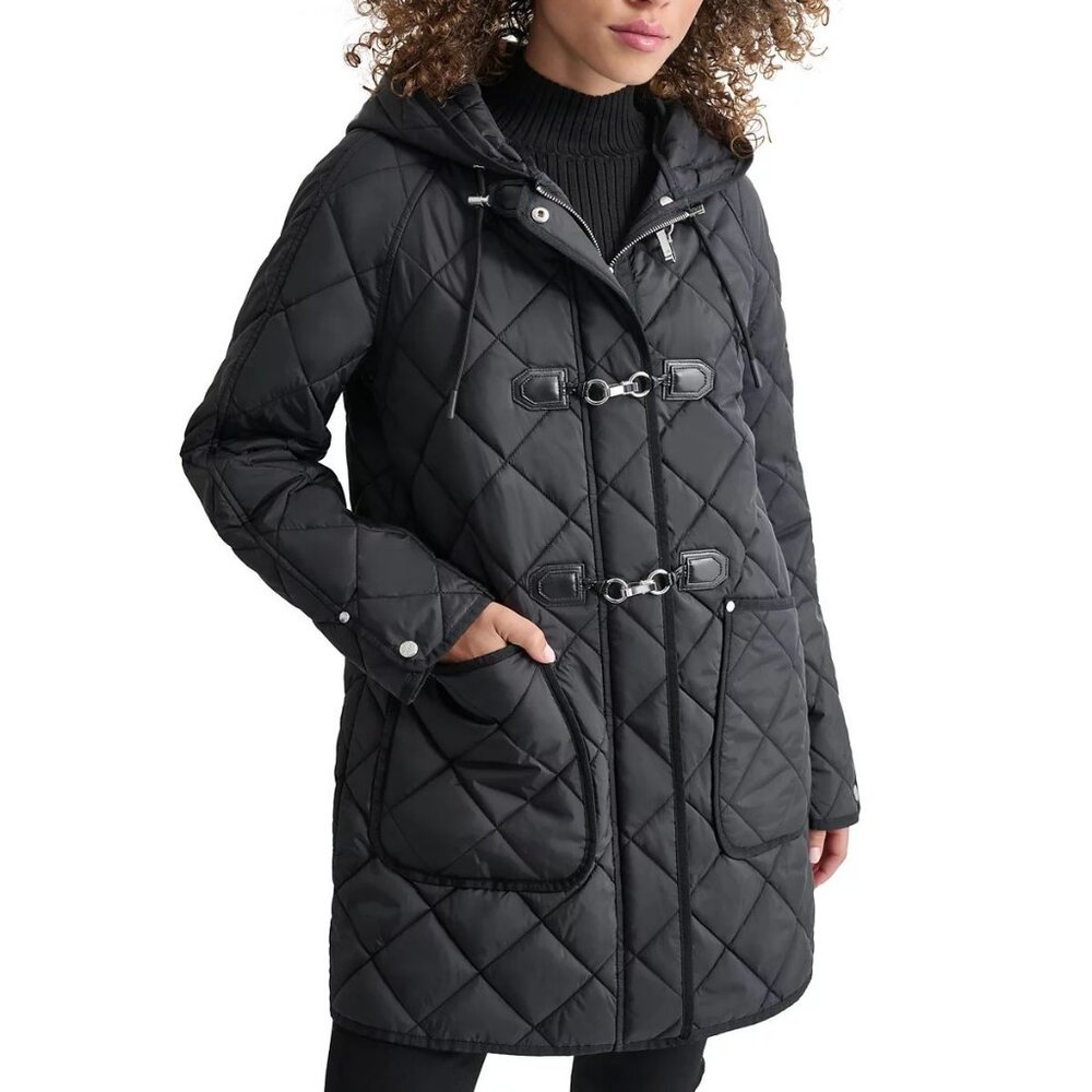 New DKNY Hooded Toggle Quilted Coat, Black, Size S